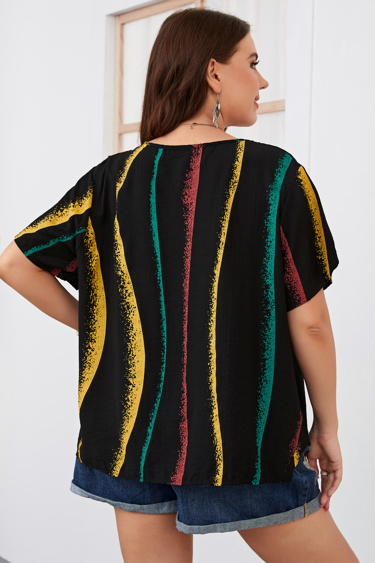 Women's striped contrast color large size women's shirt slim round neck women's clothing_voghion.com