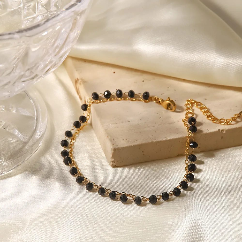 Lanțuri stil boho din oțel inoxidabil cu mărgele negre și piatră de sticlă dublă colier felie accesorii pentru femei_voghion.com