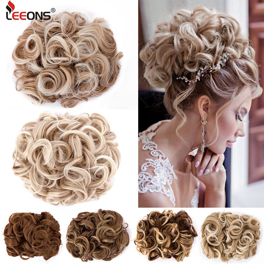 Leeons Synthétique Brun Blond Bouclé Chignon Messy Bun Peigne Clip Dans Extension De Cheveux Updos Postiches Pour Femmes