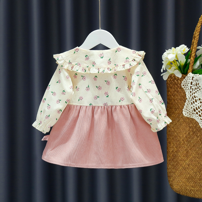 Herfst Babykleding Babymeisje Jurk Katoen Lange Mouw Bloem Gedrukt Schattige Pop Kraag Jurk Kinderen Uitje Kleding_voghion.com