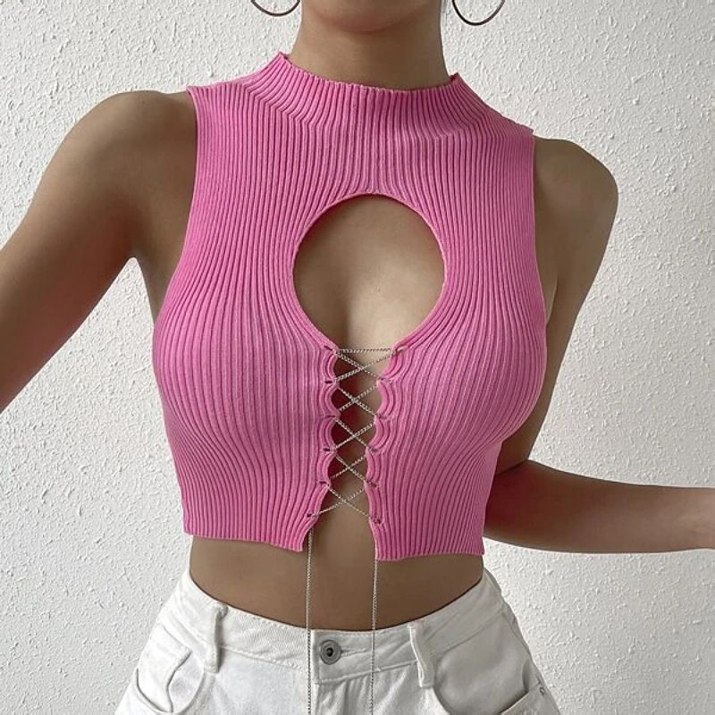 Damen Pullover Top Sexy Hohle Spitze Solide Kurze Passform Gestrickte Tank Tops_voghion.com