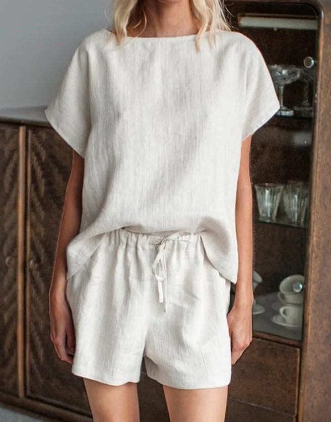 Women's spring short-sleeved urban cotton and linen brown retro fashion casual solid color tops and shorts set_voghion.com