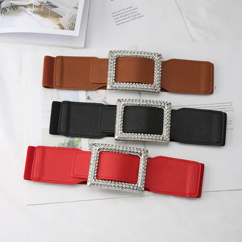 Cinture Cintura larga in pelle elastica alla moda per donna Cintura con fibbia quadrata con strass Cintura in vita con corsetto Cintura femminile_voghion.com