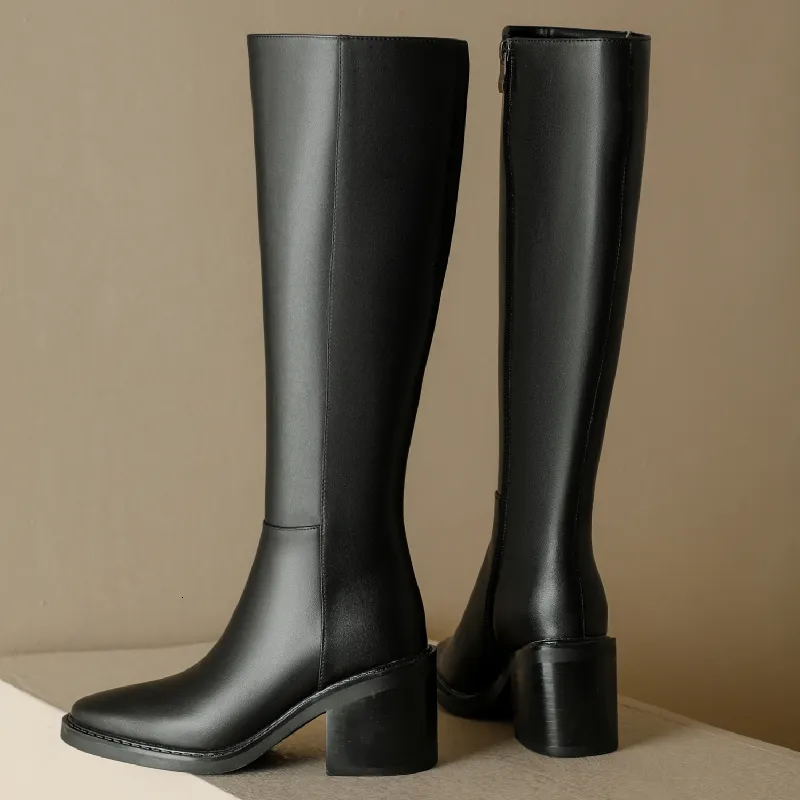 Genuine Leather Tall Women Thick Heels Knee High Boots Autumn Winter Warm Ladies Long Shoes Black Elegant Designer_voghion.com