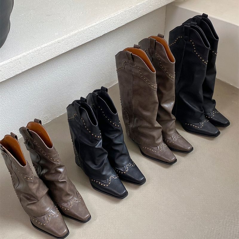 Pruunid püksid, Western Cowboy naiste saapad, 2024. aasta uued kevadised ja sügisesed V-kaelusega pika sääre ratsasaapad_voghion.com