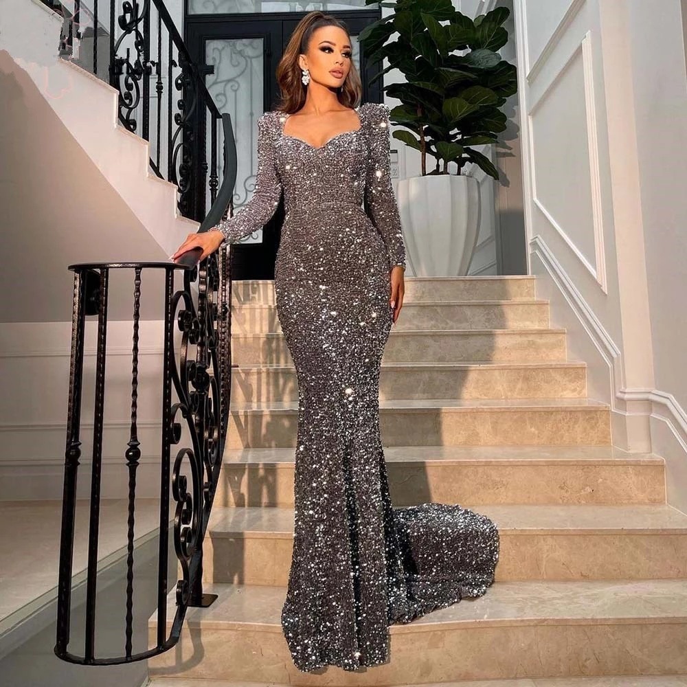 Vêtements pour femmes Robe de soirée Nouvelle robe de banquet à manches longues à paillettes longues