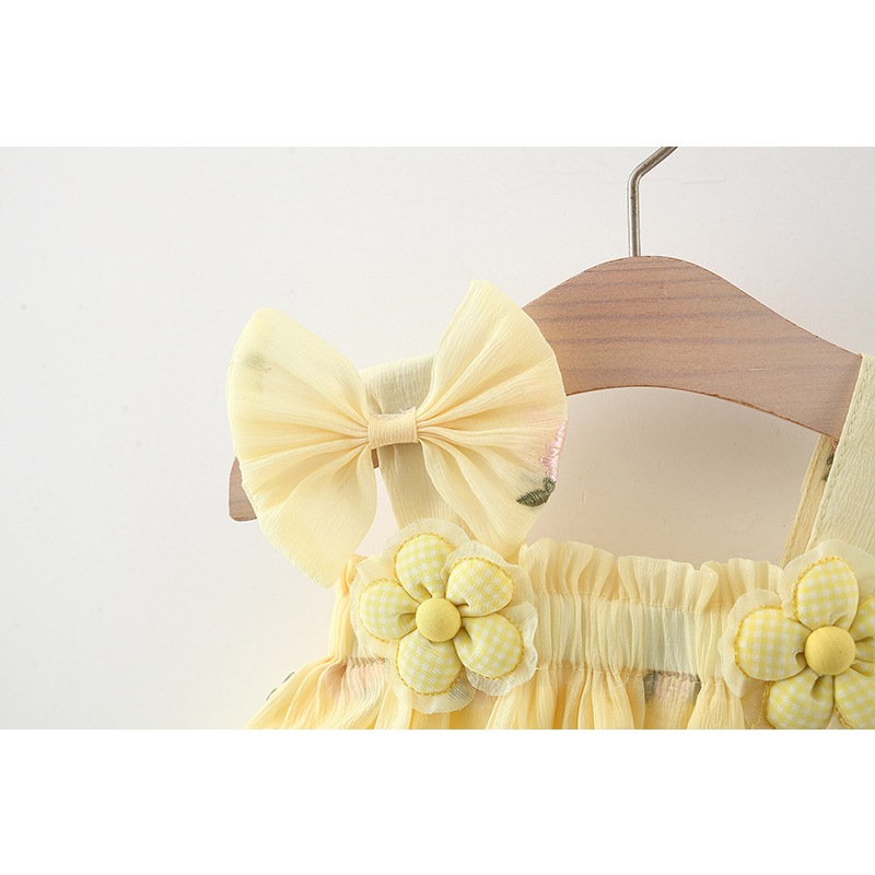 Babymeisje zomer chiffon jurk bloem geborduurd gele jurk Koreaanse stijl kinderkleding_voghion.com