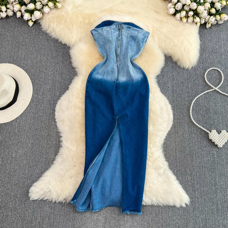 Women's color-changing tube top waist slimming mid-length back slit denim hip-hing dress_voghion.com