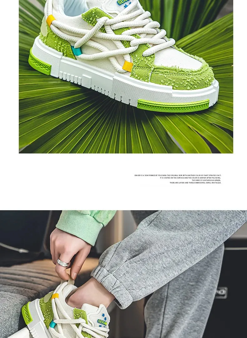 Chaussures de skateboard à lacets en toile vulcanisée à plateforme verte pour homme, baskets basses de tennis décontractées pour hommes 240704_voghion.com