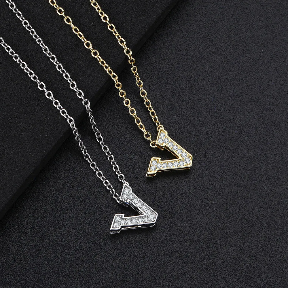 Colar com pingente de letra V de diâmetro completo para mulheres, banhado a ouro 14k, conjunto de cobre com corrente de zircônia_voghion.com