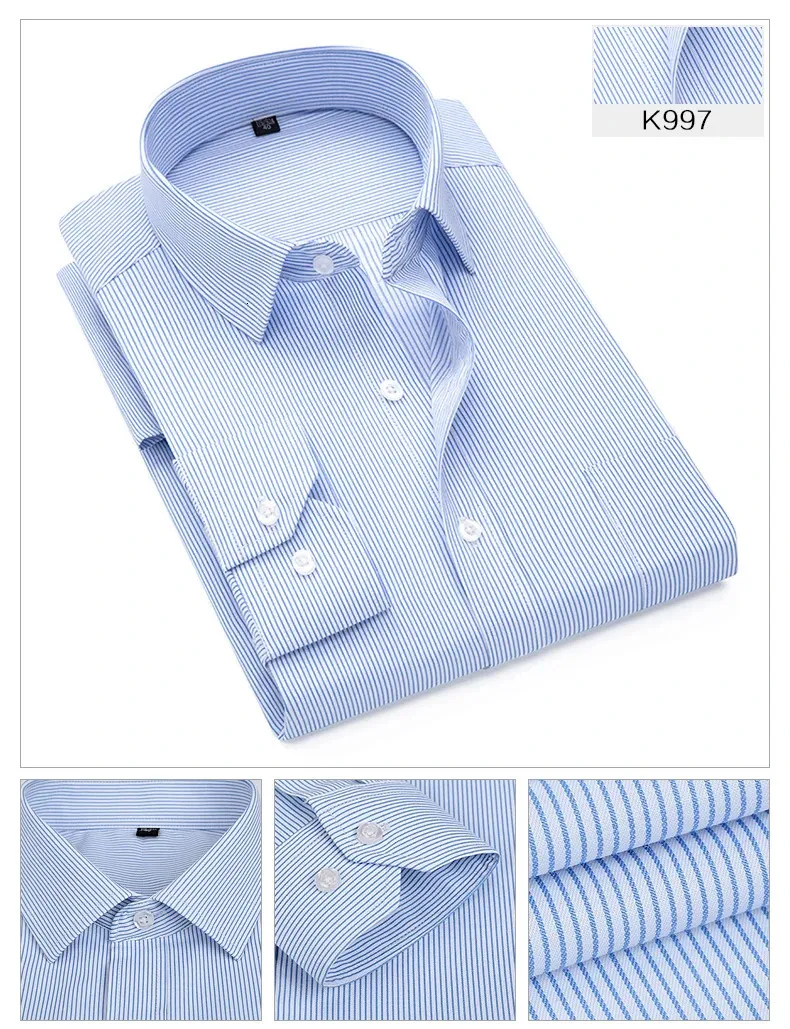 Plus Size S to 8xl formal for men striped long sleeved non-iron slim fit dress shirts Solid Twill Social Man's Clothing_voghion.com