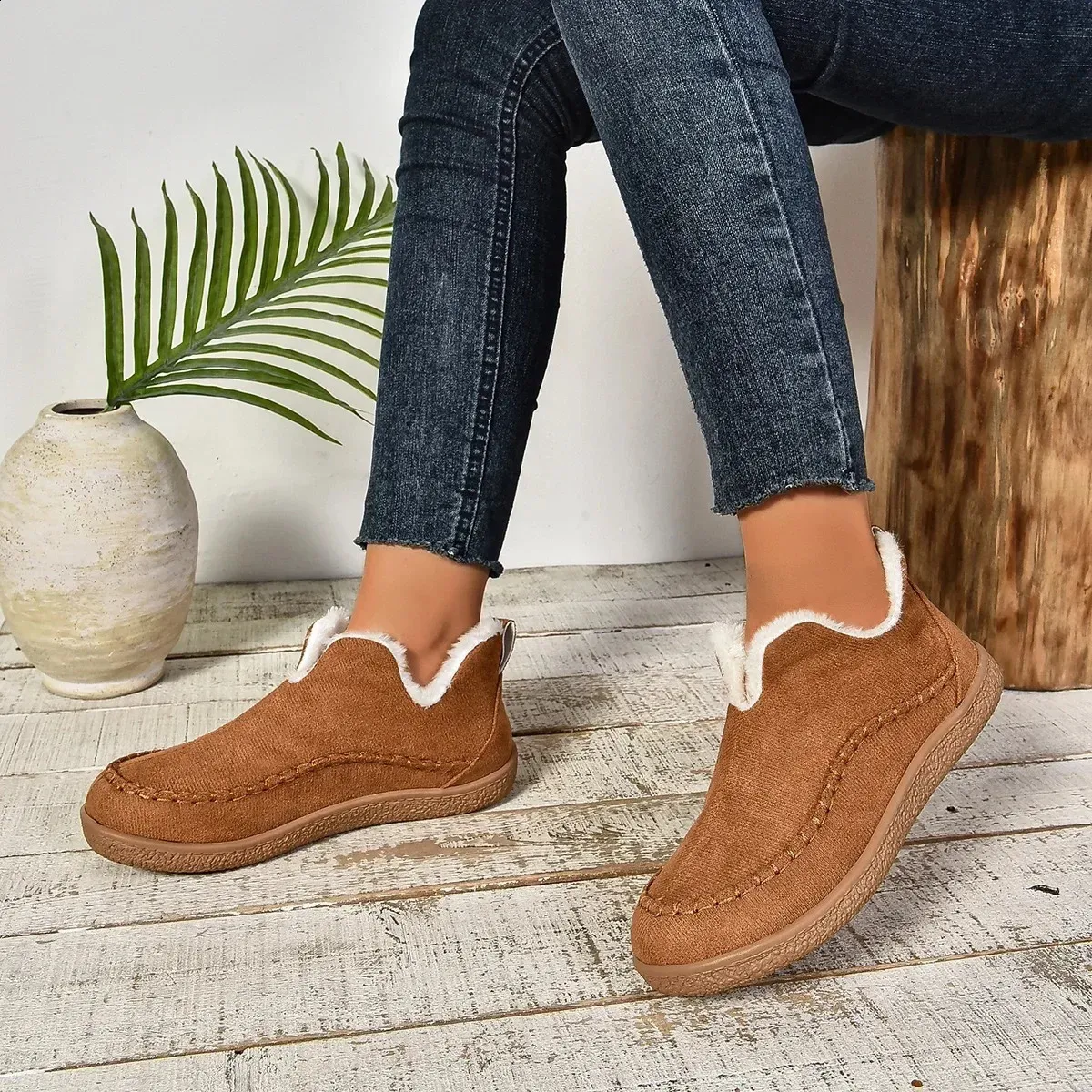 selg long sleeved womens winter round toe plush warm solid flat casual comfortable snow boots 240904_voghion.com