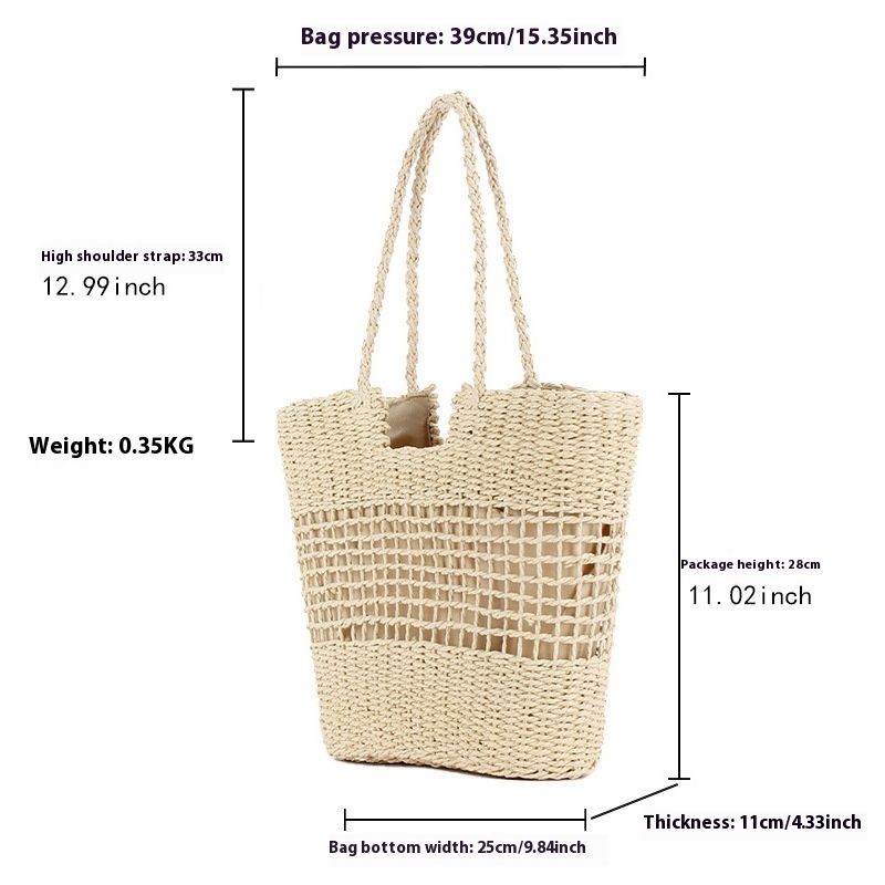 Gewebte Tasche aus Papierseil, neue französische Nischen-Hohlgewebetasche, eine Schulter, handgehaltene Strandtasche mit_voghion.com