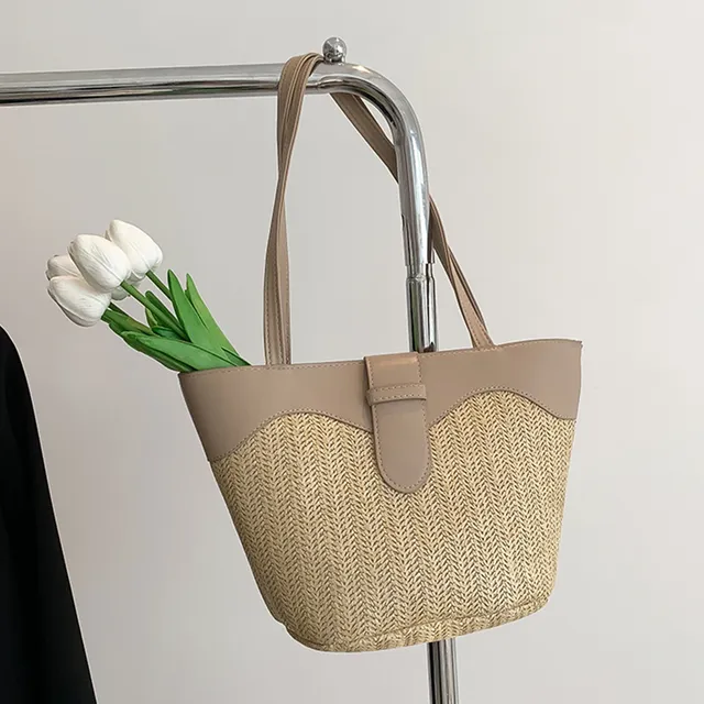 Borsa a tracolla da donna alla moda, grande capacità, in paglia, casual, con cerniera, con manico superiore, leggera e traspirante._voghion.com