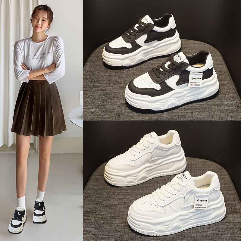 Genuine Leather Round Toe White 7cm Patchwork Thick Sole Sports Casual Women's Shoes Size 32-40 Breathable Low Top_voghion.com