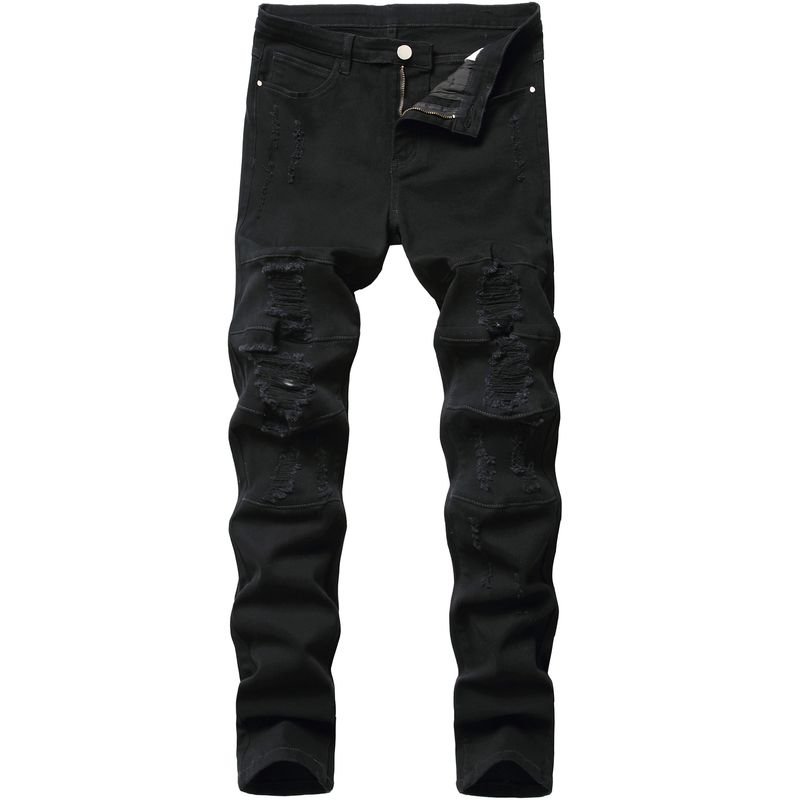Black Jeans Elastic Slim Fit Trendy Ripped Washed Men's Pants_voghion.com