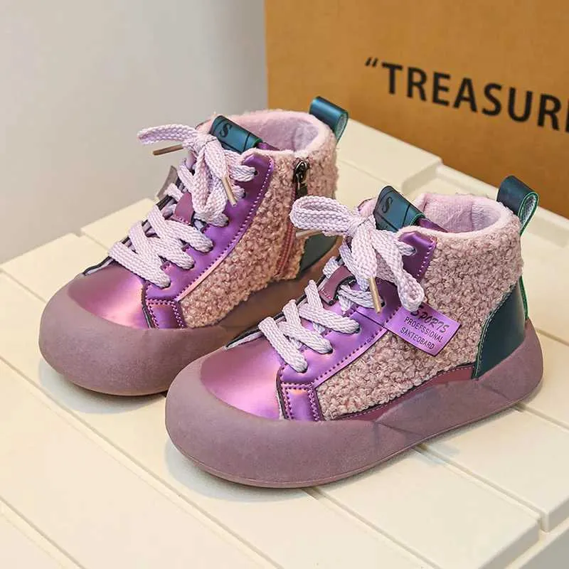 Bottes courtes décontractées en laine d'agneau violette et noire pour enfants, chaussures de sport chaudes en fourrure pour garçons, hiver M241016_voghion.com