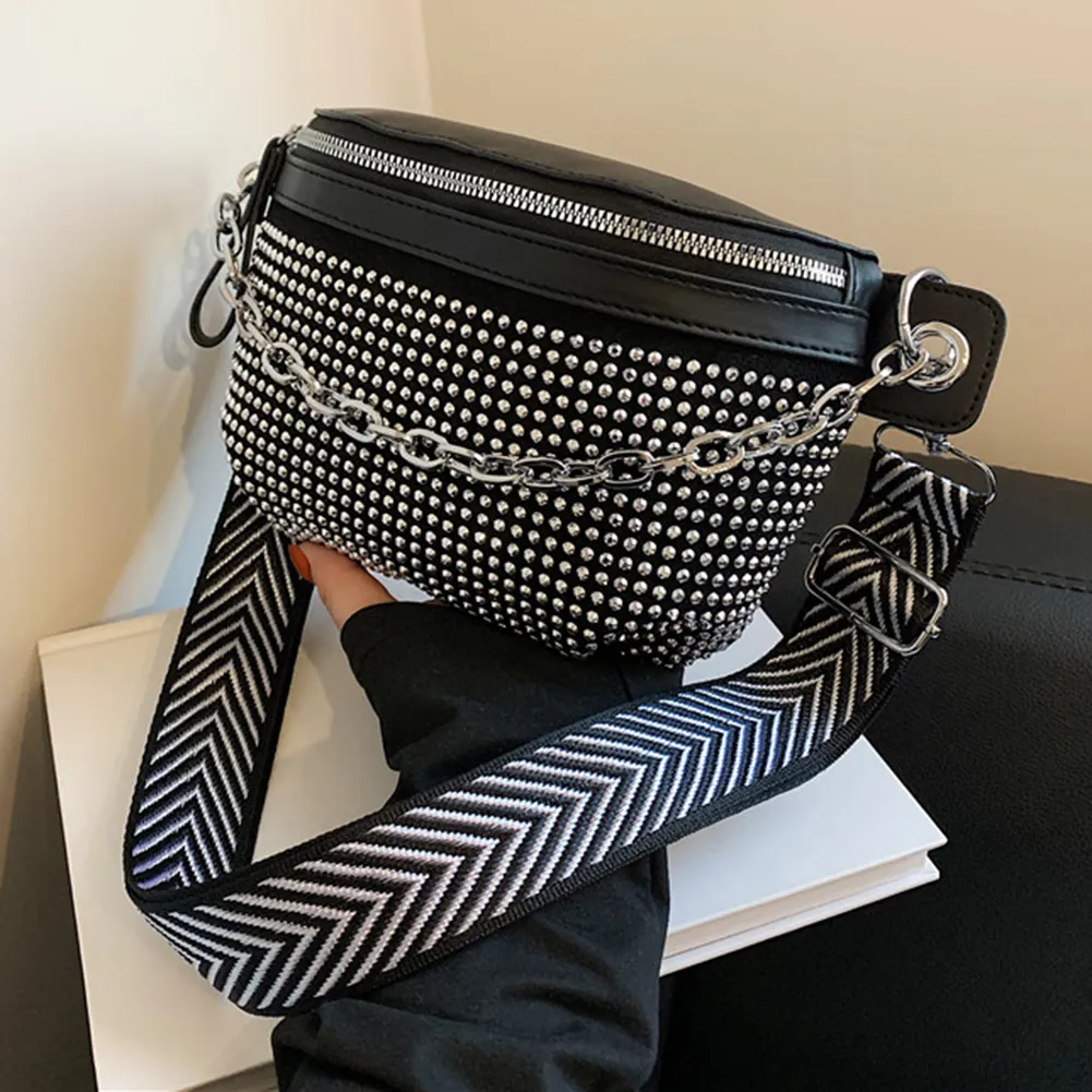 Rhinestone Ladies Handbags Fashion Chain Female Sling Waist Pack Casual Adjustable Strap Portable Elegant For Weekend_voghion.com
