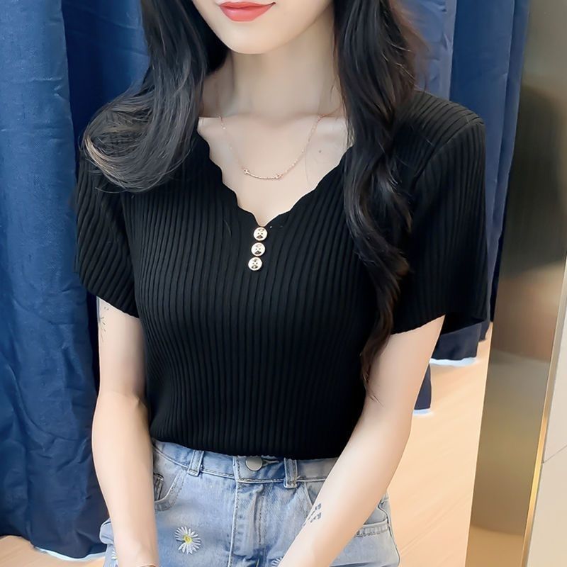 Ice Silk T-shirt Women's 2024 Summer New Slim Fit sleeved Korean V-neck Short Top Knitted Bottom_voghion.com