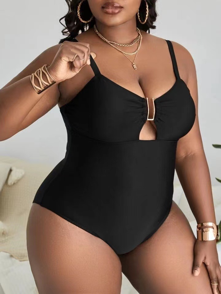 Femmes grande taille grosse fille grosse femme une pièce couleur unie creux mince jarretelles dos nu Sexy Bikini femmes_voghion.com