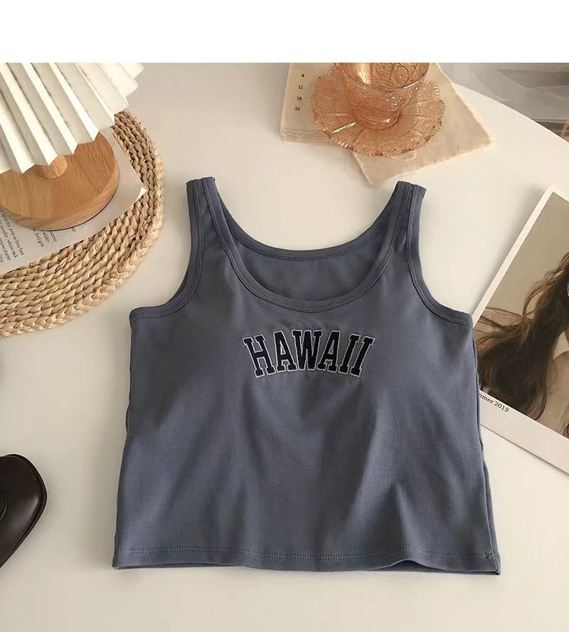 Semplice canotta traspirante in puro cotone con lettere per abbigliamento sportivo all'esterno e all'interno, top corto all-match slim sul retro_voghion.com