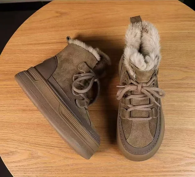 Nieuwe dikke zool korte dames suède platte schoenen met koordkralen, vetersluiting, ronde neus, motorlaarzen voor dames_voghion.com