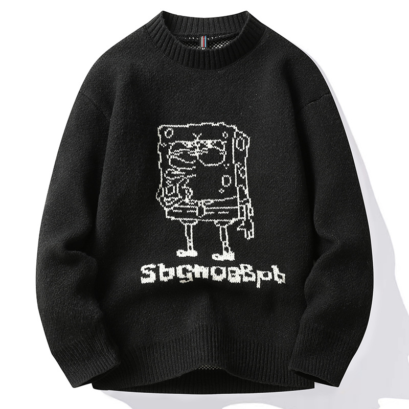 Sweater men's round neck autumn/winter 2022 new loose fitting youth knitted cartoon outerwear bottom sweater student top_voghion.com