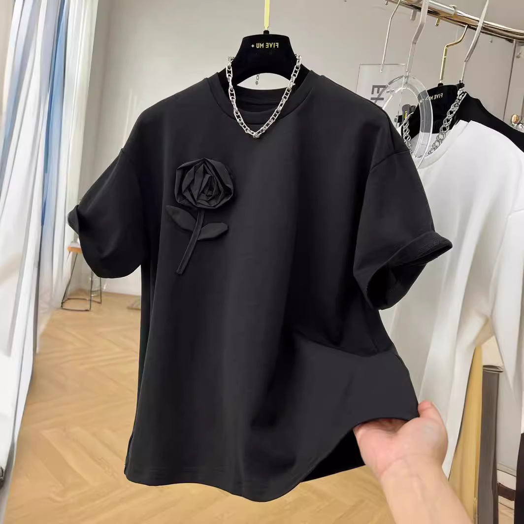 Women’s Clothing special price heavy three dimensional flower pure cotton heavy round neck short sleeved T shirt women’s summer new top