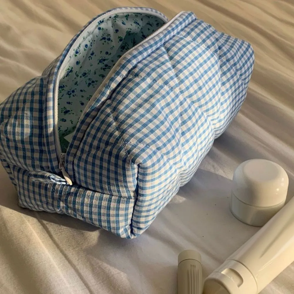 Trousse de toilette de voyage matelassée en coton pour femme, trousse de maquillage portable de grande capacité, motif floral à carreaux roses_voghion.com