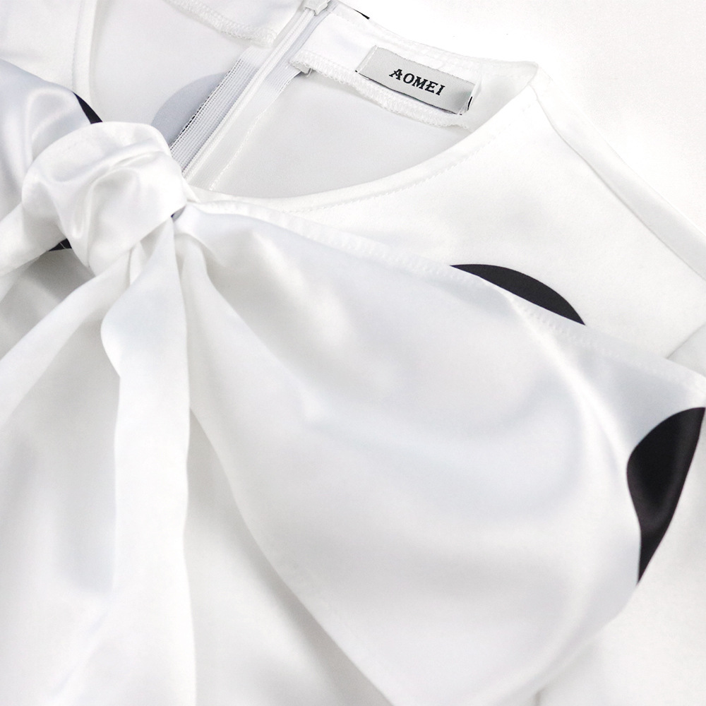 Lockeres Kleid mit Rundhalsausschnitt, Fliege und Punktemuster, Partykleid, weißes Kleid_voghion.com