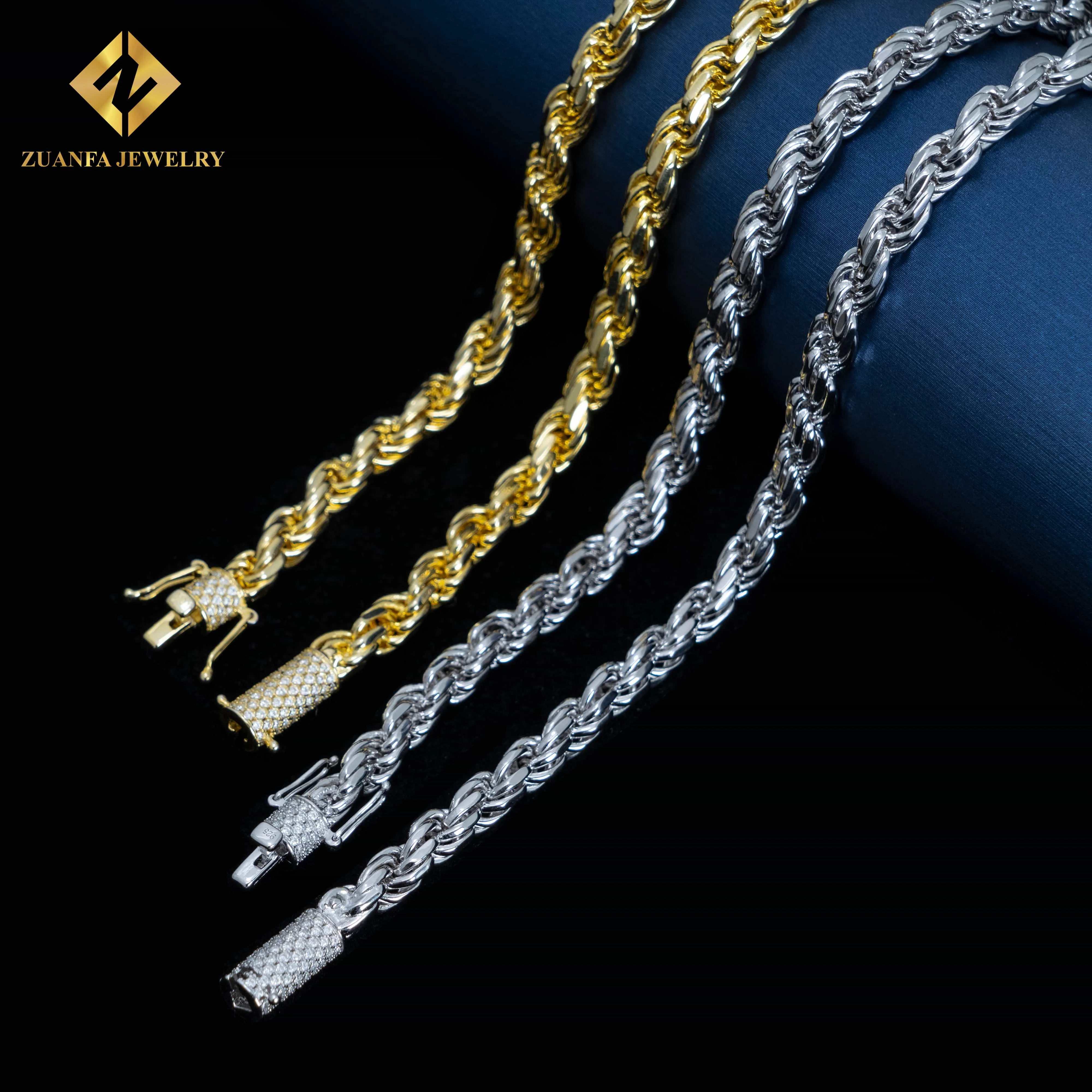 Sterling Silver Moissanite Rope Chain Necklace For Men Hip Hop_voghion.com