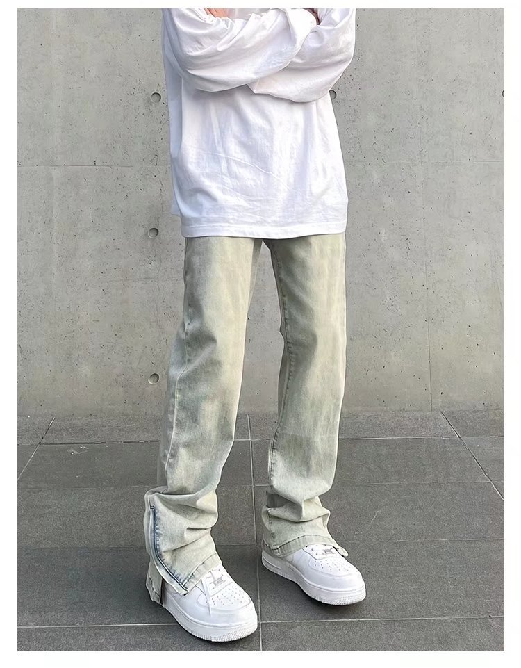 New High Street Washed Used Yellow Mud Dyeing Zipper Split Jeans Men's Straight Tube Casual Micro Pull Pants Trendy_voghion.com