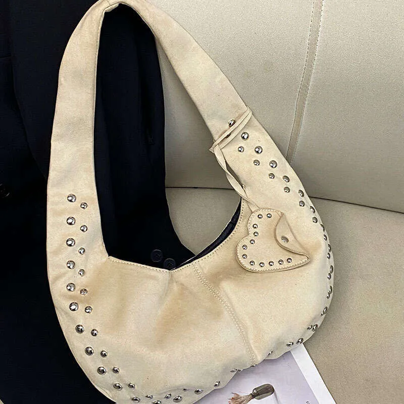 Geantă de umăr decorativă Retro Nit nouă, geantă europeană și americană pentru motocicletă, geantă de mână din piele Nubuck Armpit pentru femei_voghion.com