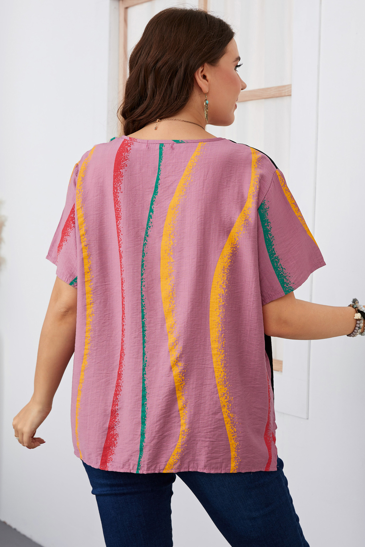 Women's striped contrast color large size women's shirt slim round neck women's clothing_voghion.com