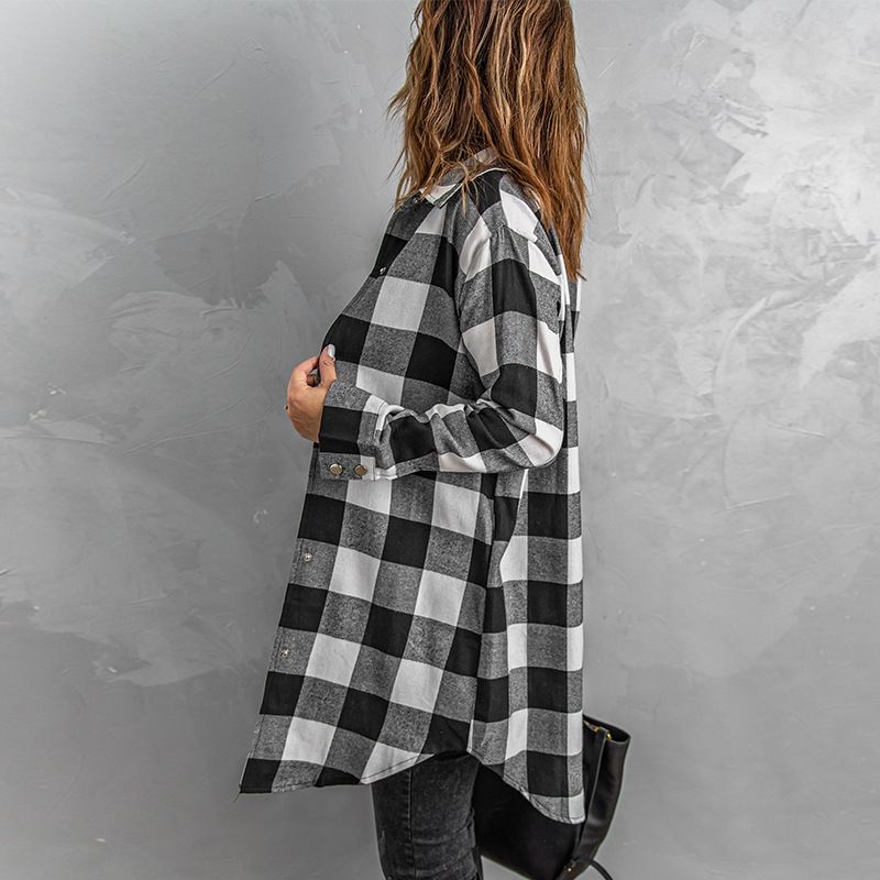 Women's in the long sleeve coat plaid shirt top_voghion.com