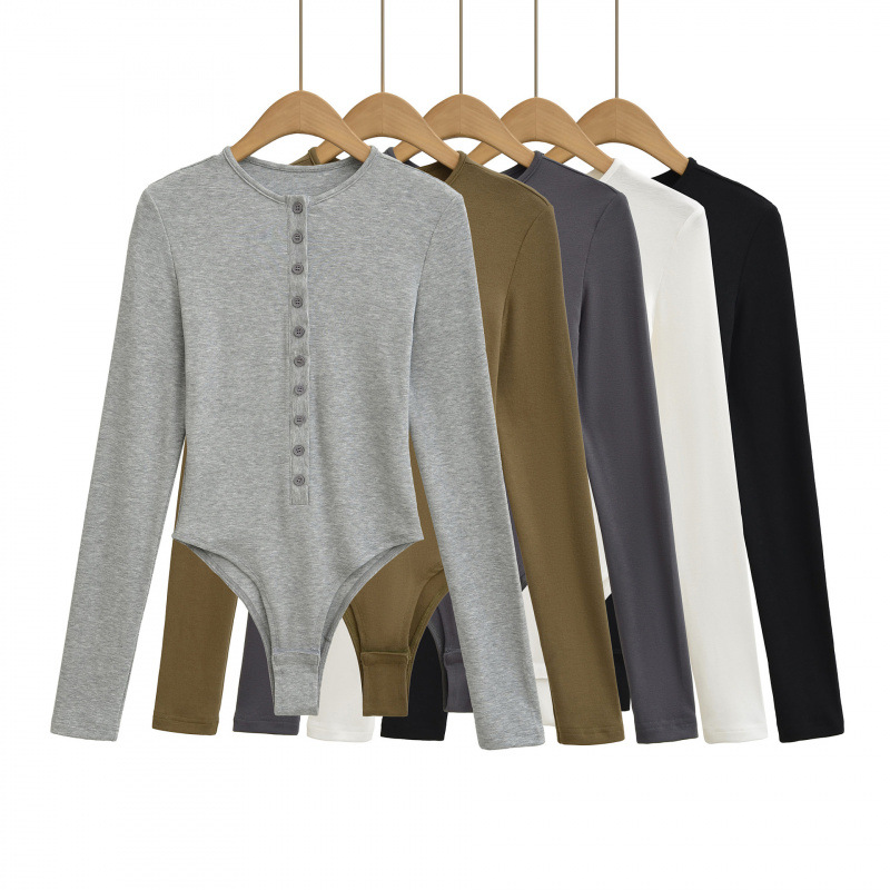 ​​Women’s Slim Fit Long Sleeve Jumpsuit Top – Stylish Round Neck T-Shirt With Crotch Design For Autumn (Black/White/Light Gray