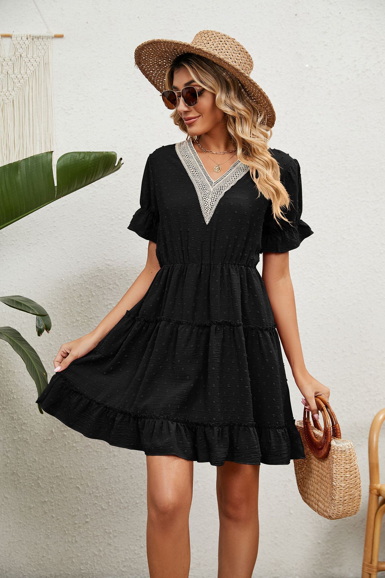 Damen-Kleid aus Jacquard-Wollknäuel mit V-Ausschnitt, lockeres, festes Kleid mit elastischer Taille_voghion.com