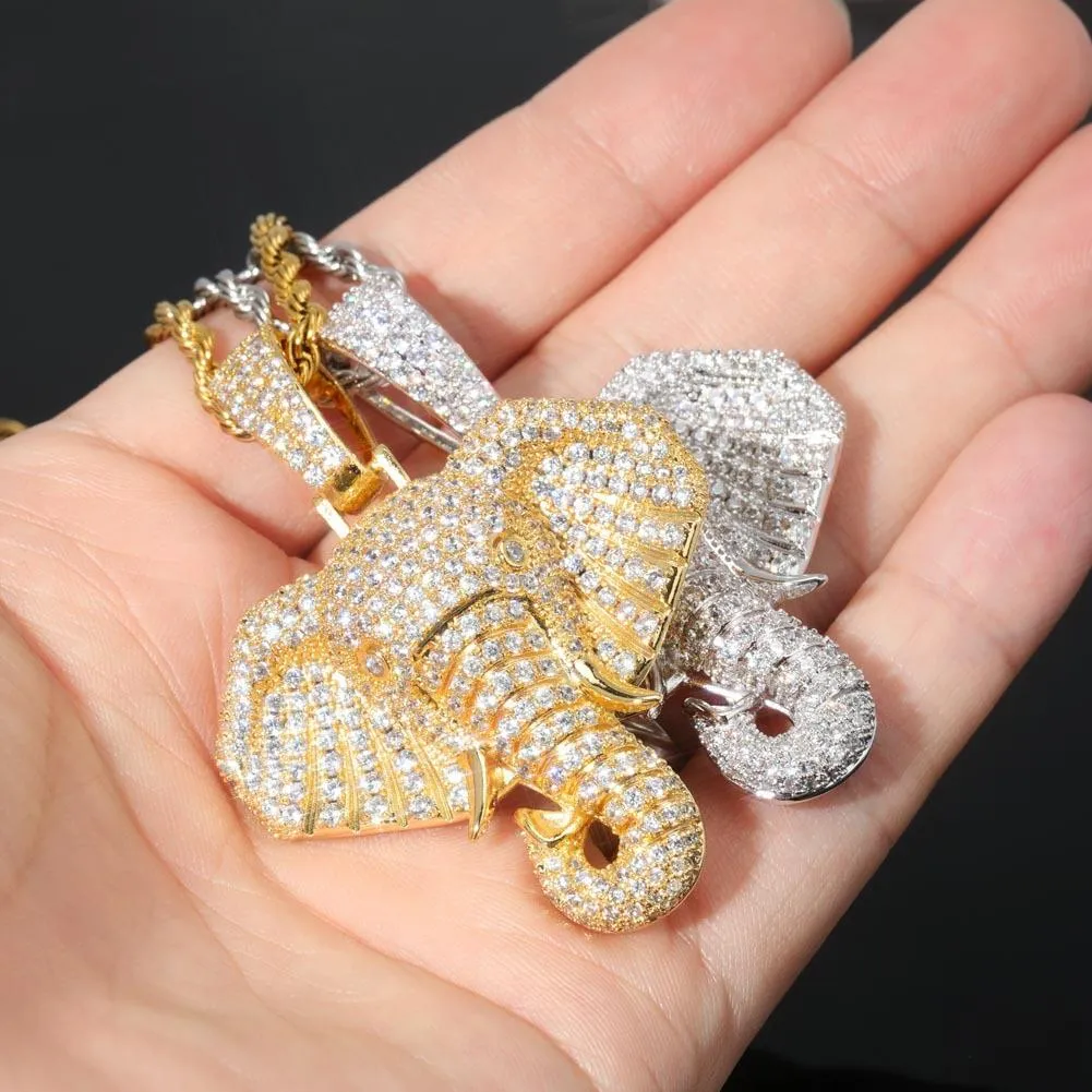 New Fashion personalized Real Gold Bling Diamond Elephant Head Hip Hop Pendant Necklace Cubic Zirconia Rapper Jewelry_voghion.com