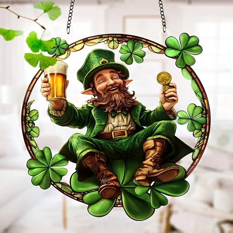 Gelukskabouter-zonnevanger - 23 cm gekleurd acrylkunstwerk. Feestelijke Ierse decoratie voor St. Patrick's Day of als decoratie voor in huis._voghion.com