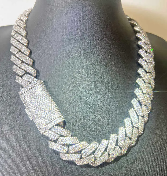 Heavy Sier 15mm 20mm 3rivinen kuubalainen ketjukaulakoru valkokullattu Moissanite Diamond Link_voghion.com