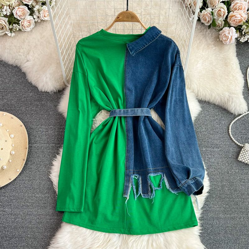 Damenbekleidung Temperament Taille mit Gürtel farblich passendes Denim lässiges mittellanges T-Shirt-Kleid_voghion.com