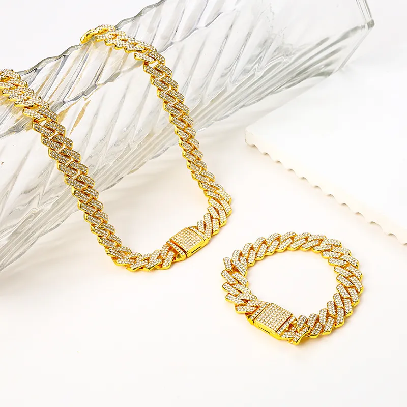 Personalized Hip-Hop BuckleNecklace Full Diamond Flip Buckle Fashionable Punk Thick Bangle Cuban Bracelet Couple Jewelry_voghion.com