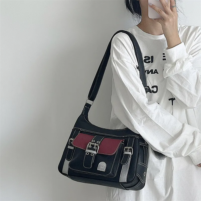 Yogodlns Retro Patchwork Schulter Für Frauen Weiche Leder Crossbody Cool Girl Messenger Bag Shopping Handtasche Handtasche Bolsa_voghion.com