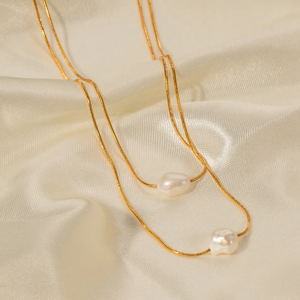 Double Layer Freshwater Pearl Necklace Gold Plated Jewellery_voghion.com