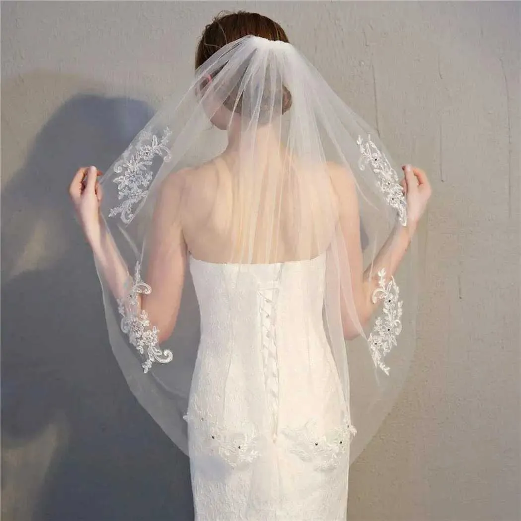 Velo da sposa in tulle con applicazioni in pizzo e cristalli, a 1 strato, corto, lungo fino ai fianchi, accessorio per capelli_voghion.com