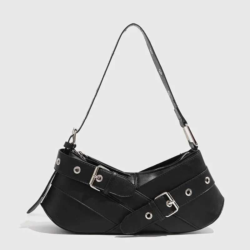 Retro belt decoration shoulder designer armrest punk motorcycle bag Pu leather womens handbag Y241216_voghion.com
