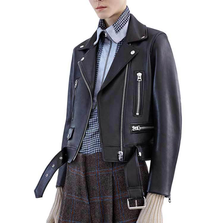 Women's Leather Jacket High Waist Slim Fit Biker Style Black_voghion.com