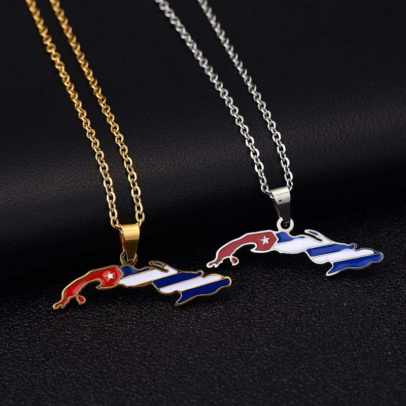 Collier pendentif vintage en forme de goutte d'huile avec carte de la République cubaine, chaîne de clavicule en acier inoxydable pour femme