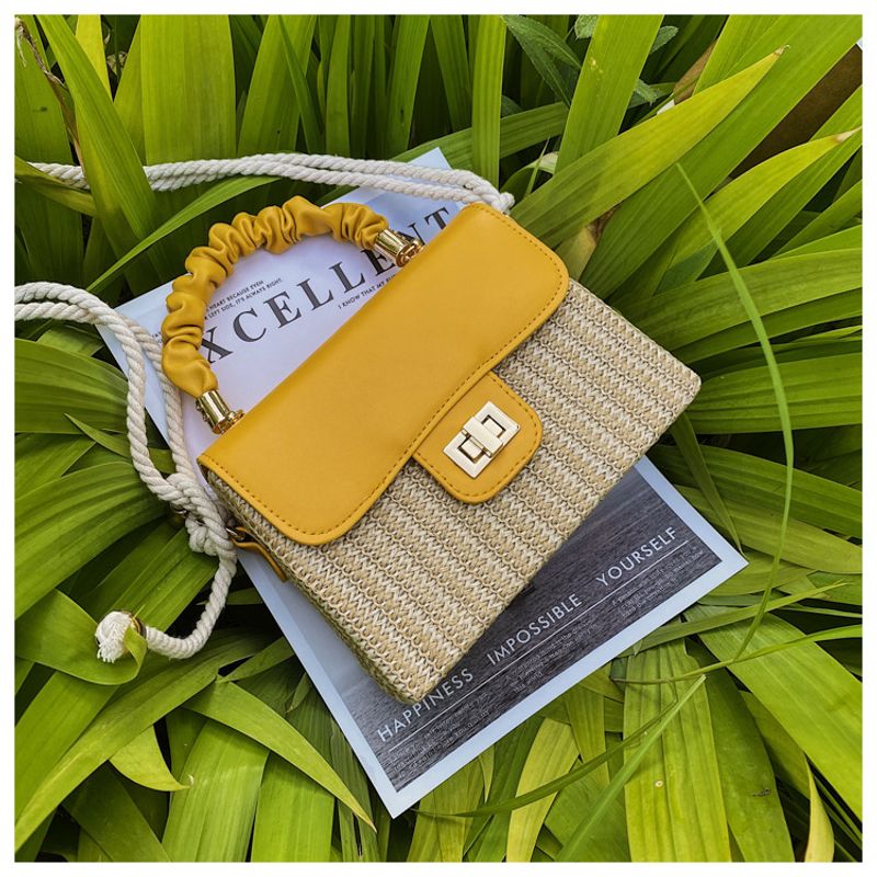 Geantă de mână pentru femei, geantă de umăr din paie, simplă, țesută, crossbody, culoare contrastantă, tip cutie, model la modă_voghion.com