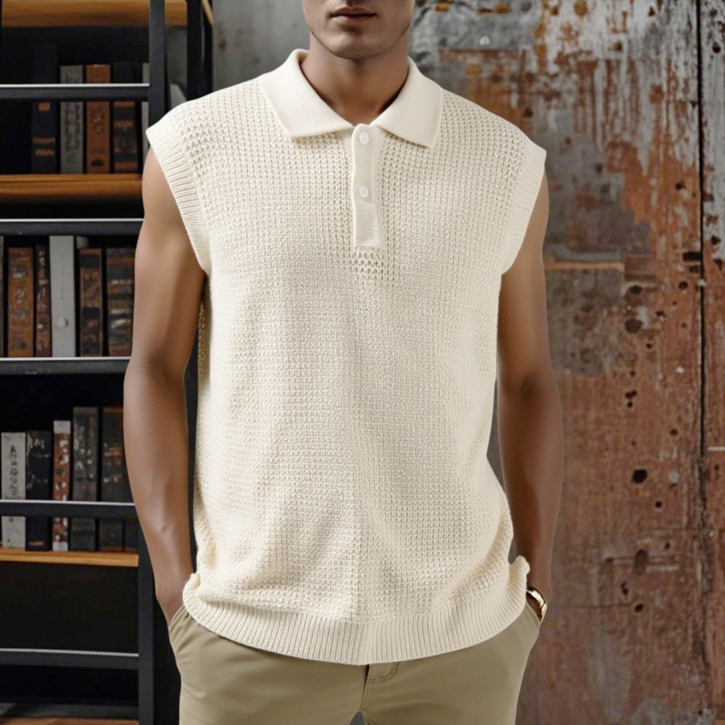 Men's Sleeveless Knit Polo Shirt Textured Breathable Loose Fit Casual Summer Top​